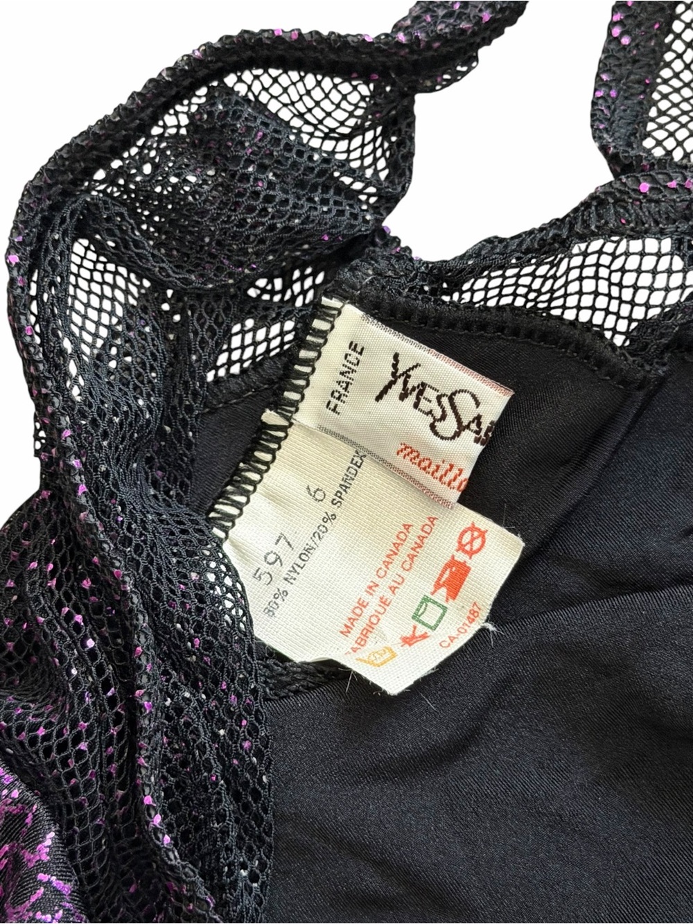 Vintage YSL Yves Saint Laurent Mesh Illusion Neck One Piece Glitter Swimsuit - Picture 8 of 11
